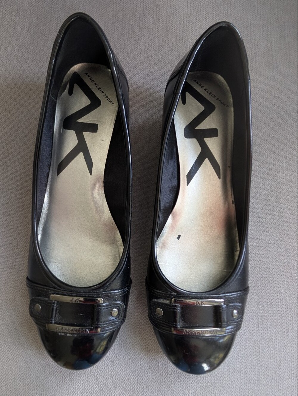 Anne Klein Sport Black Patent Cap-Toe Pumps, Sz 7 1/2